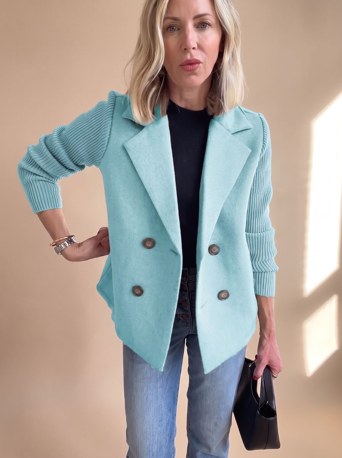 Women's Double-Breasted Knit-Sleeve Fitted Blazer XS-3XL 4