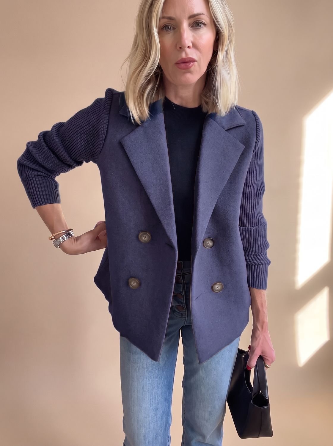 Women's Double-Breasted Knit-Sleeve Fitted Blazer XS-3XL 5