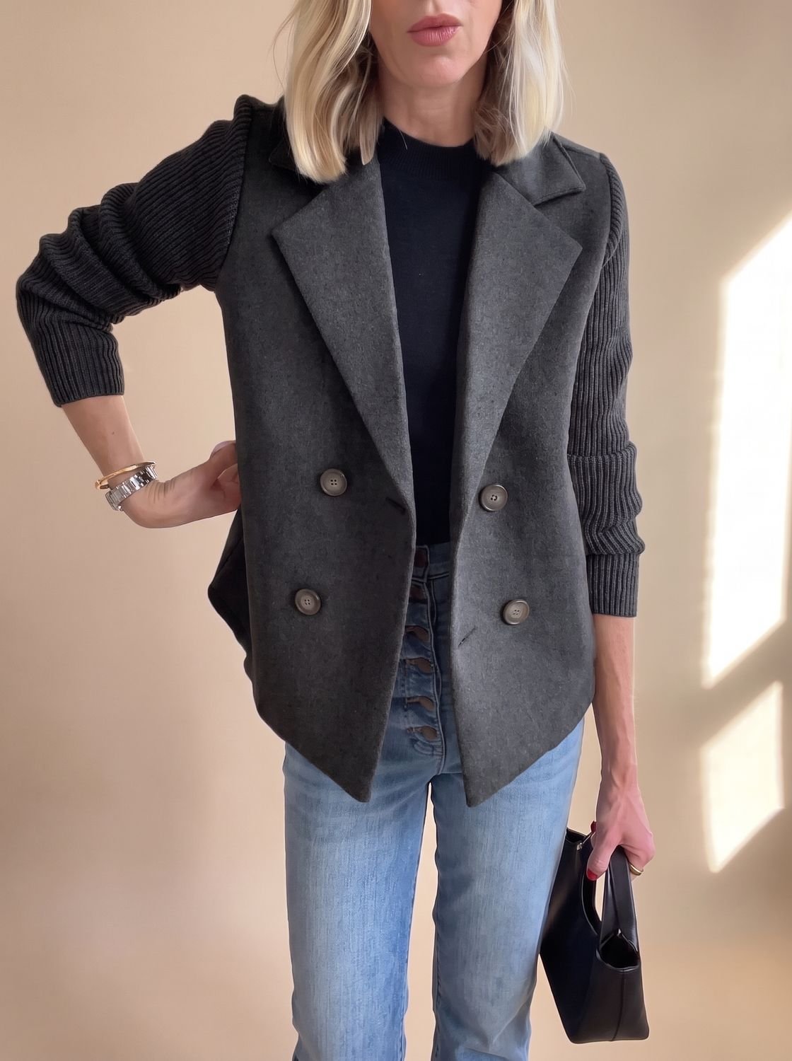 Women's Double-Breasted Knit-Sleeve Fitted Blazer XS-3XL 6