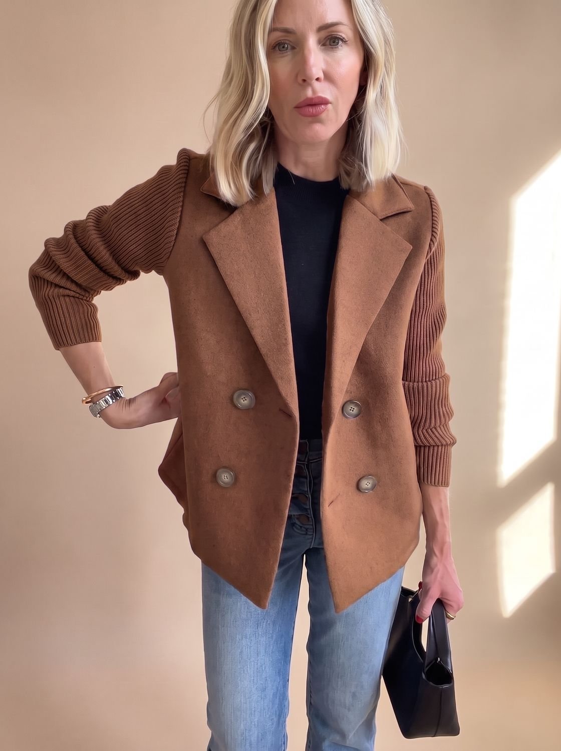 Women's Double-Breasted Knit-Sleeve Fitted Blazer XS-3XL 7