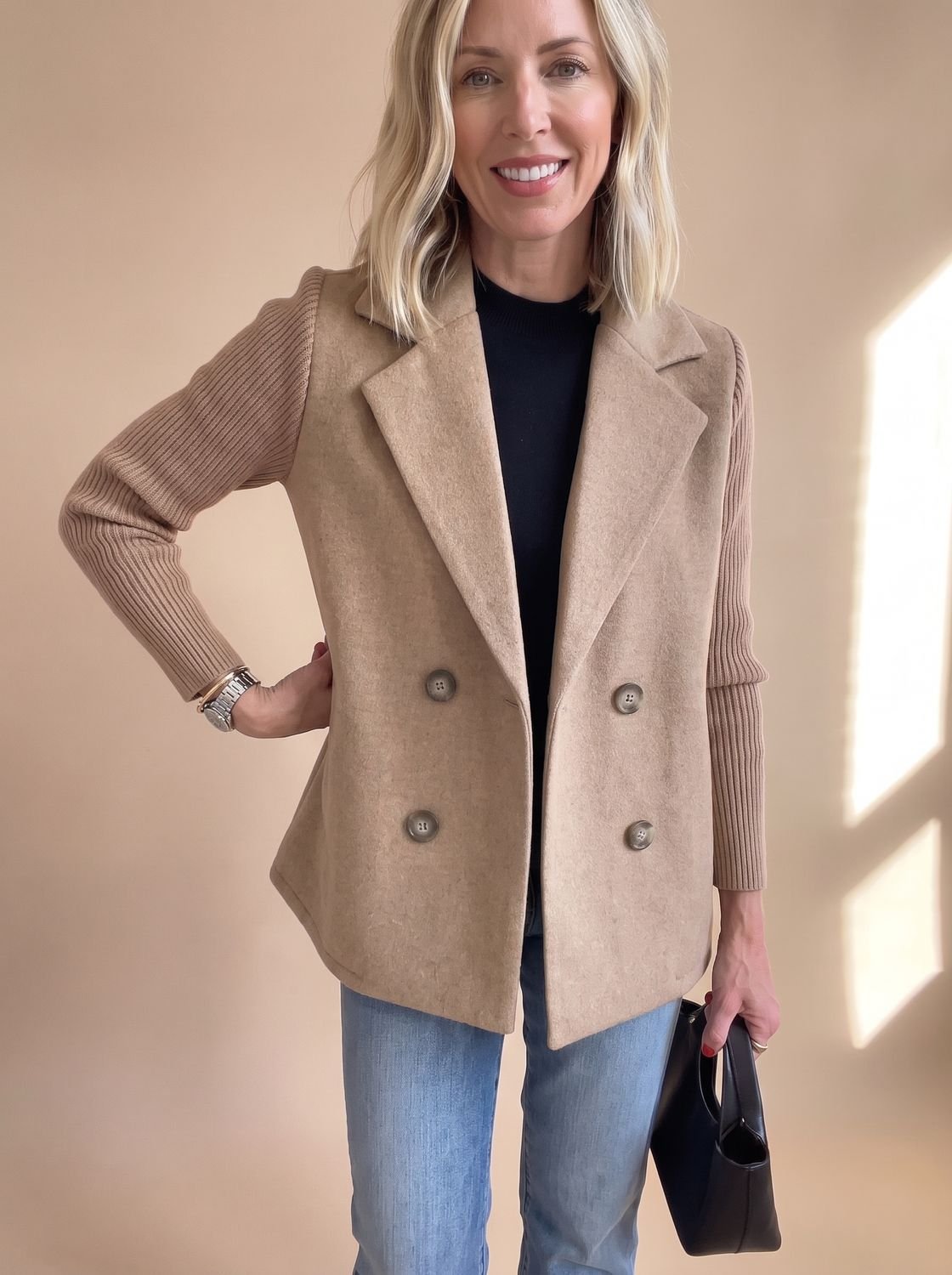 Women's Double-Breasted Knit-Sleeve Fitted Blazer XS-3XL 8