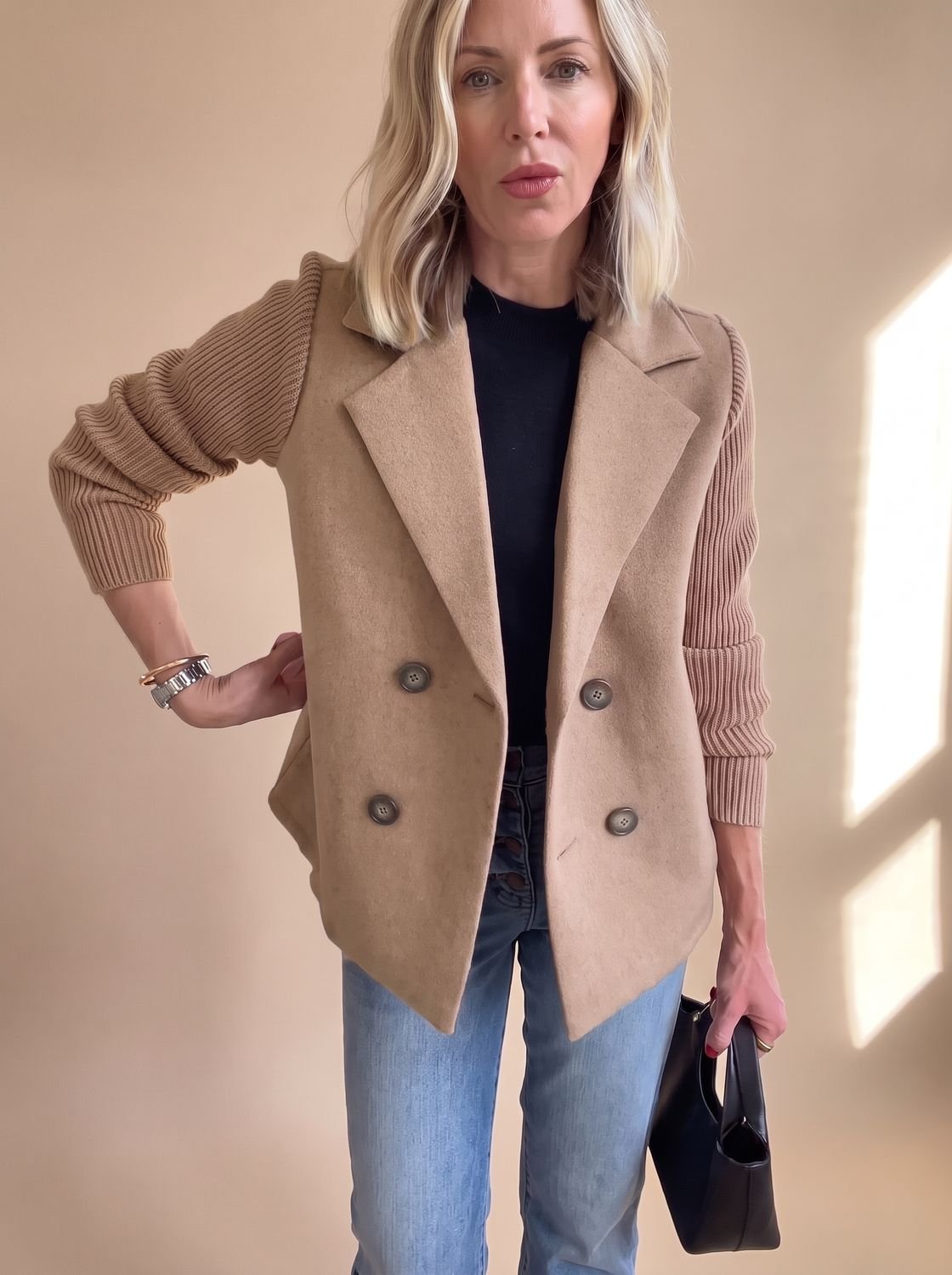 Women's Double-Breasted Knit-Sleeve Fitted Blazer XS-3XL 9