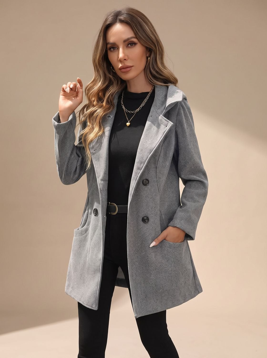 Women's Double-Breasted Wool-Blend Coat — Lapel & Pockets 1