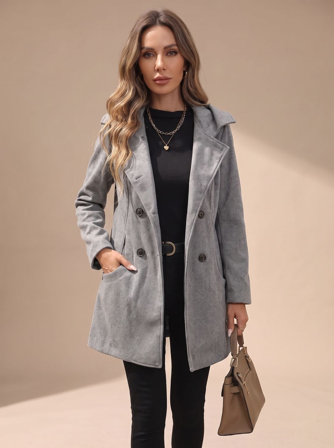 Women's Double-Breasted Wool-Blend Coat — Lapel & Pockets 3