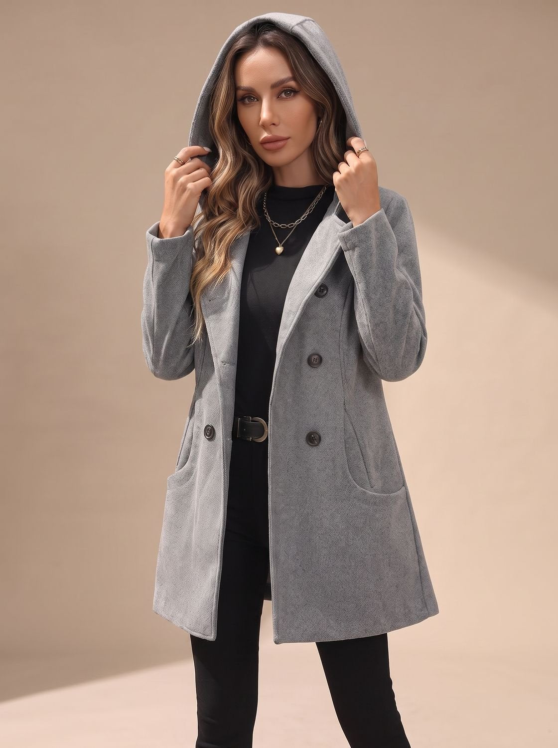 Women's Double-Breasted Wool-Blend Coat — Lapel & Pockets 4