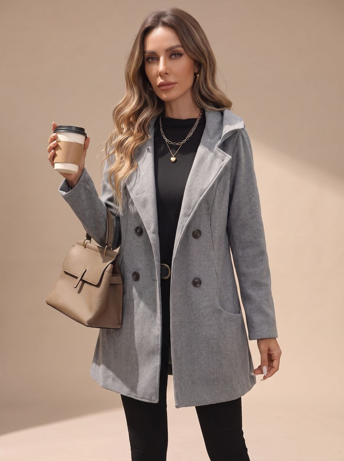 Women's Double-Breasted Wool-Blend Coat — Lapel & Pockets 5
