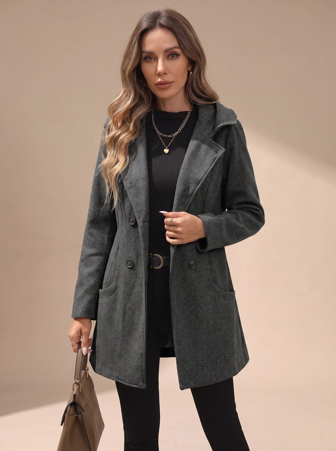 Women's Double-Breasted Wool-Blend Coat — Lapel & Pockets 6