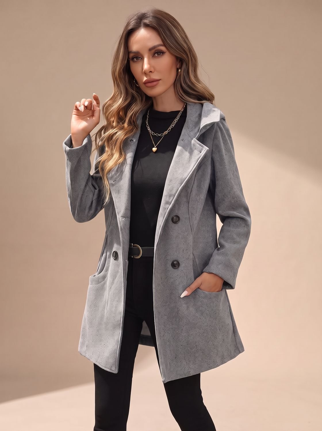 Women's Double-Breasted Wool-Blend Coat — Lapel & Pockets 7