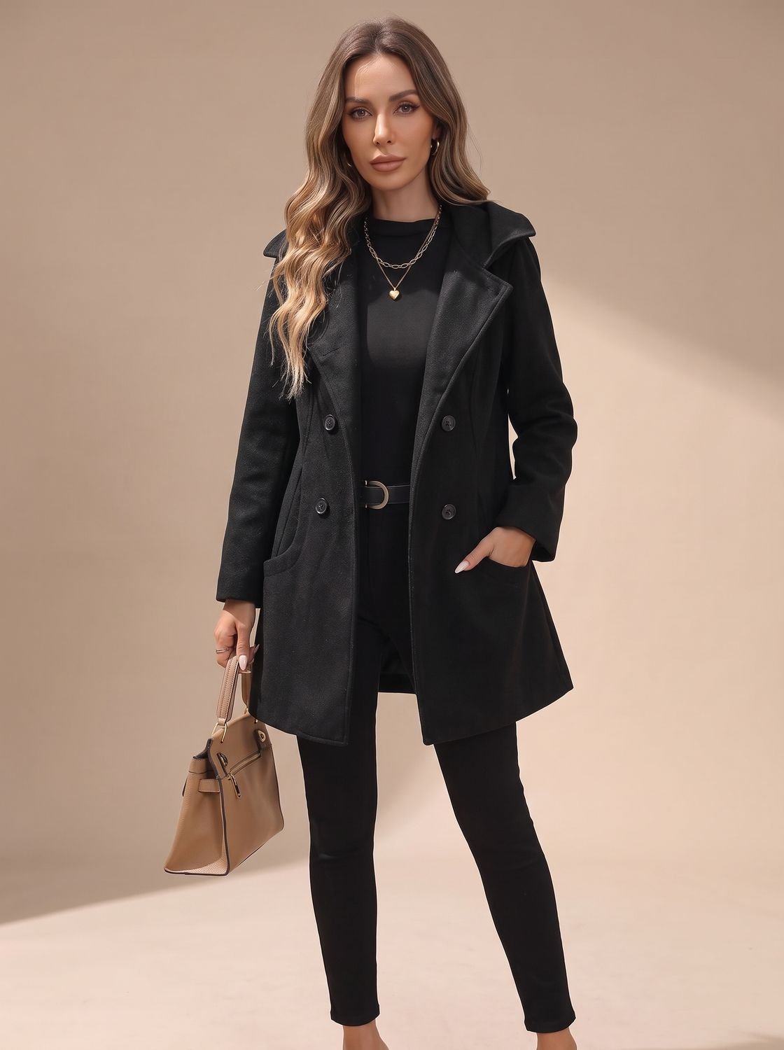 Women's Double-Breasted Wool-Blend Coat — Lapel & Pockets 8