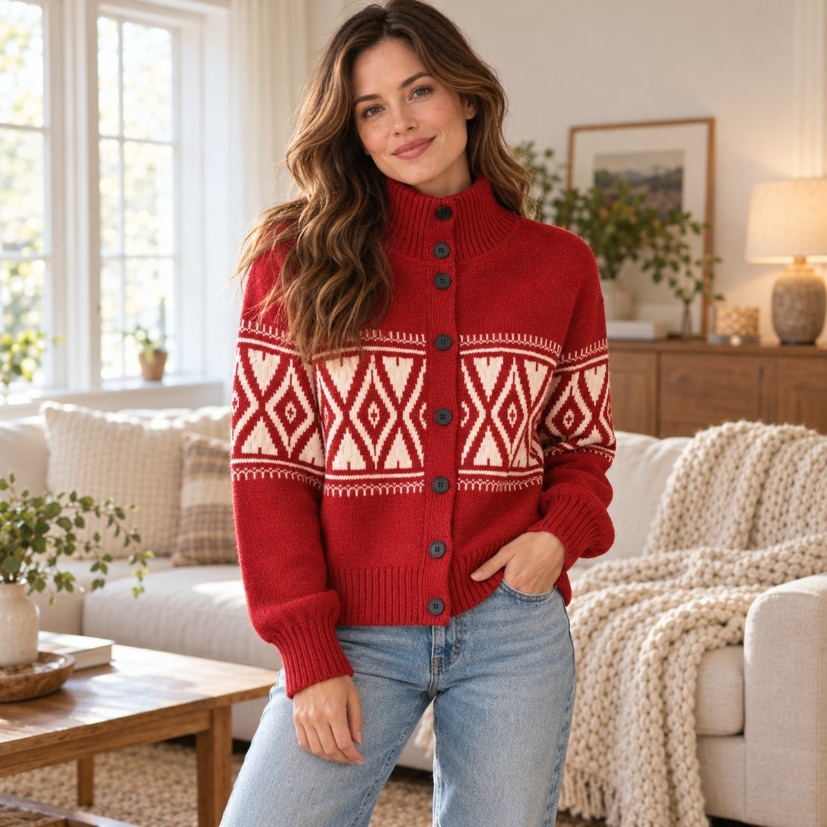 Women's red Fair Isle high-neck button cardigan worn with jeans