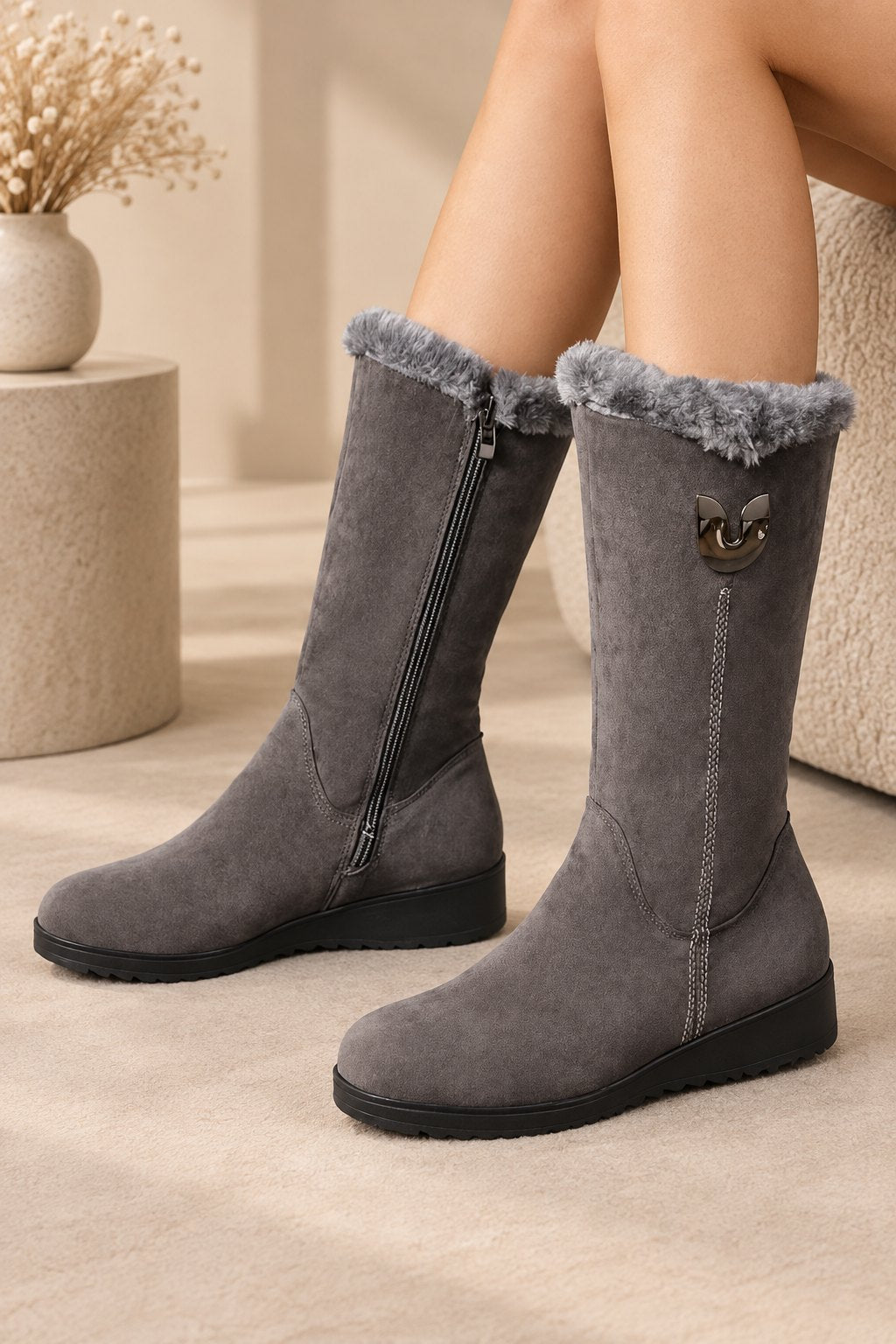 Women's Faux-Fur Cuffed Slip-On Mid-Calf Snow Boots