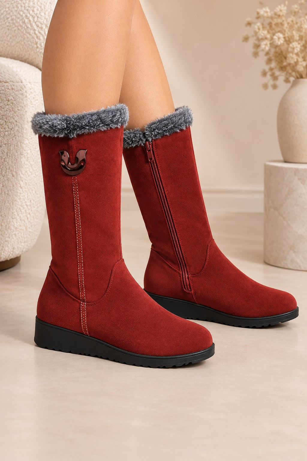 Women's Faux-Fur Cuffed Slip-On Mid-Calf Snow Boots