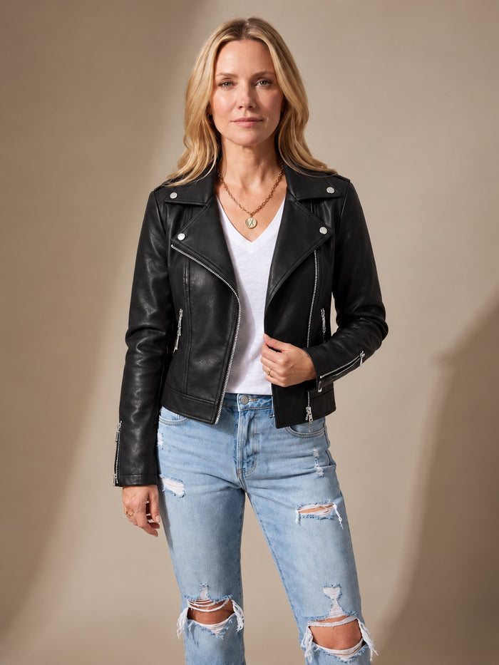 Women's Faux Leather Asymmetric Zip Moto Jacket