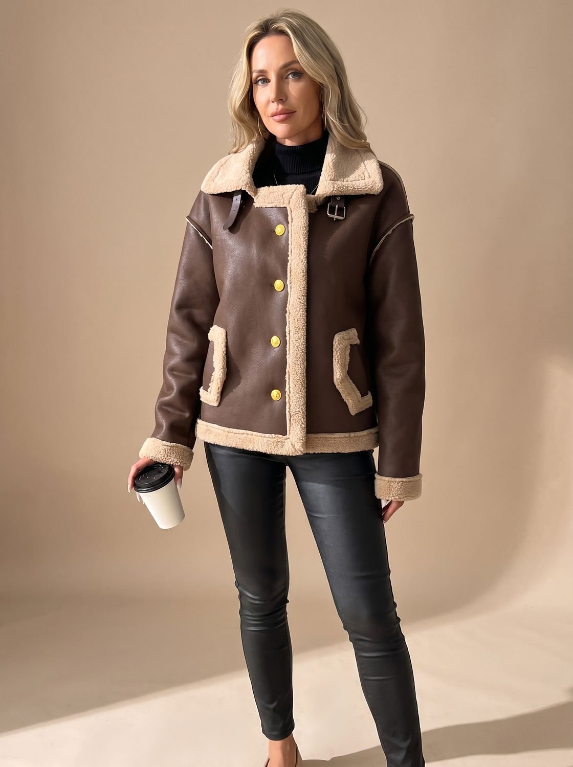 Women's Faux Leather Sherpa-Lined Aviator Jacket — Warm 1