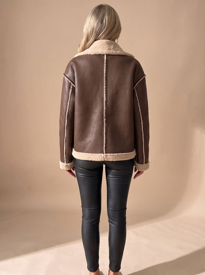 Women's Faux Leather Sherpa-Lined Aviator Jacket — Warm 2