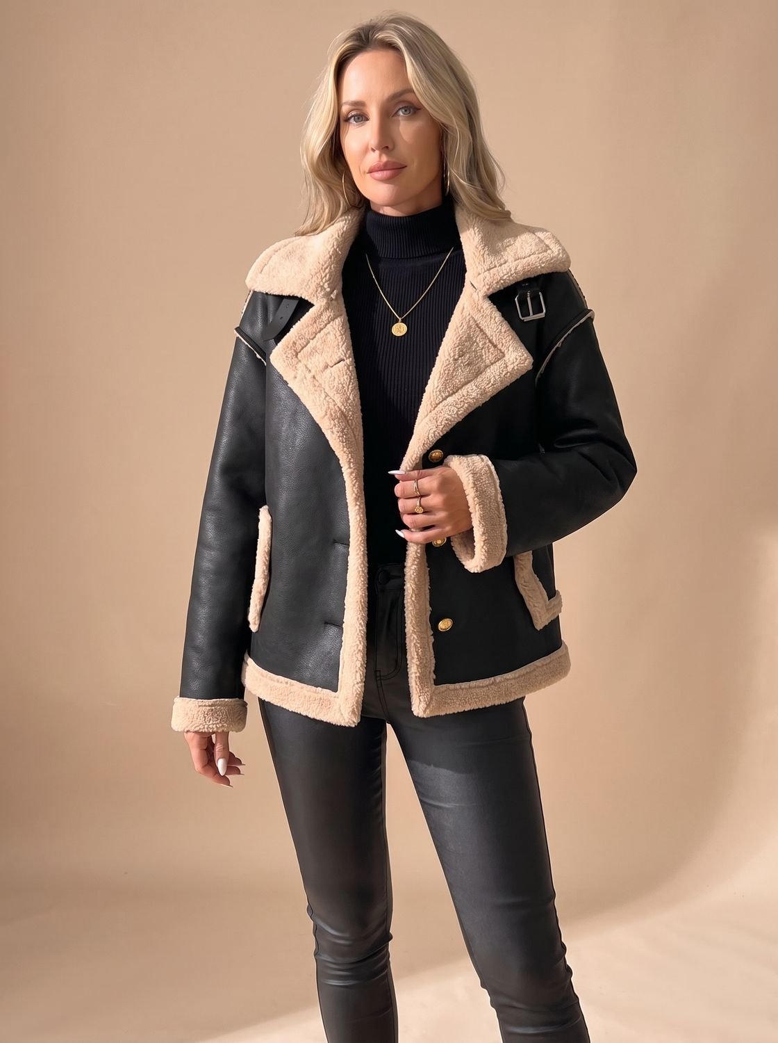 Women's Faux Leather Sherpa-Lined Aviator Jacket — Warm 3