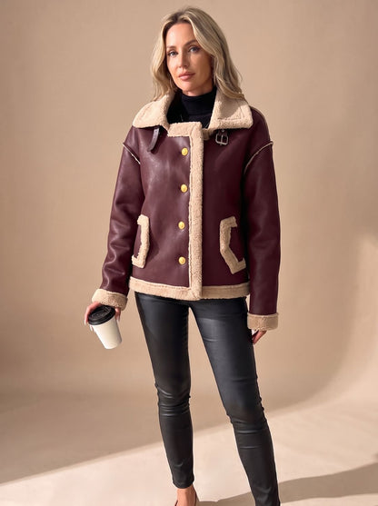 Women's Faux Leather Sherpa-Lined Aviator Jacket — Warm 4