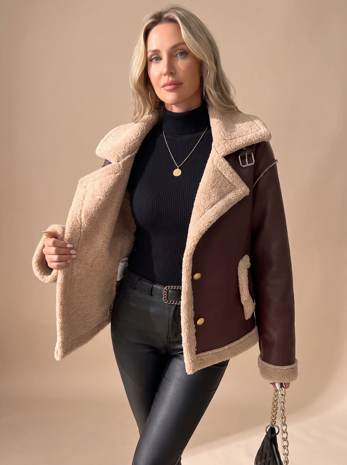 Women's Faux Leather Sherpa-Lined Aviator Jacket — Warm 5
