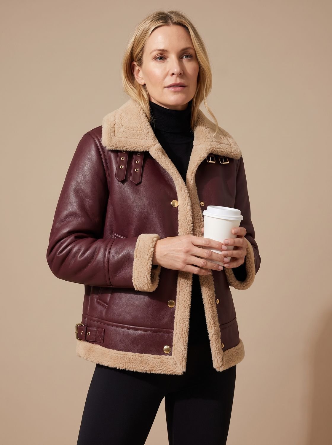 Women's Faux Leather Sherpa-Lined Aviator Jacket — Warm 6