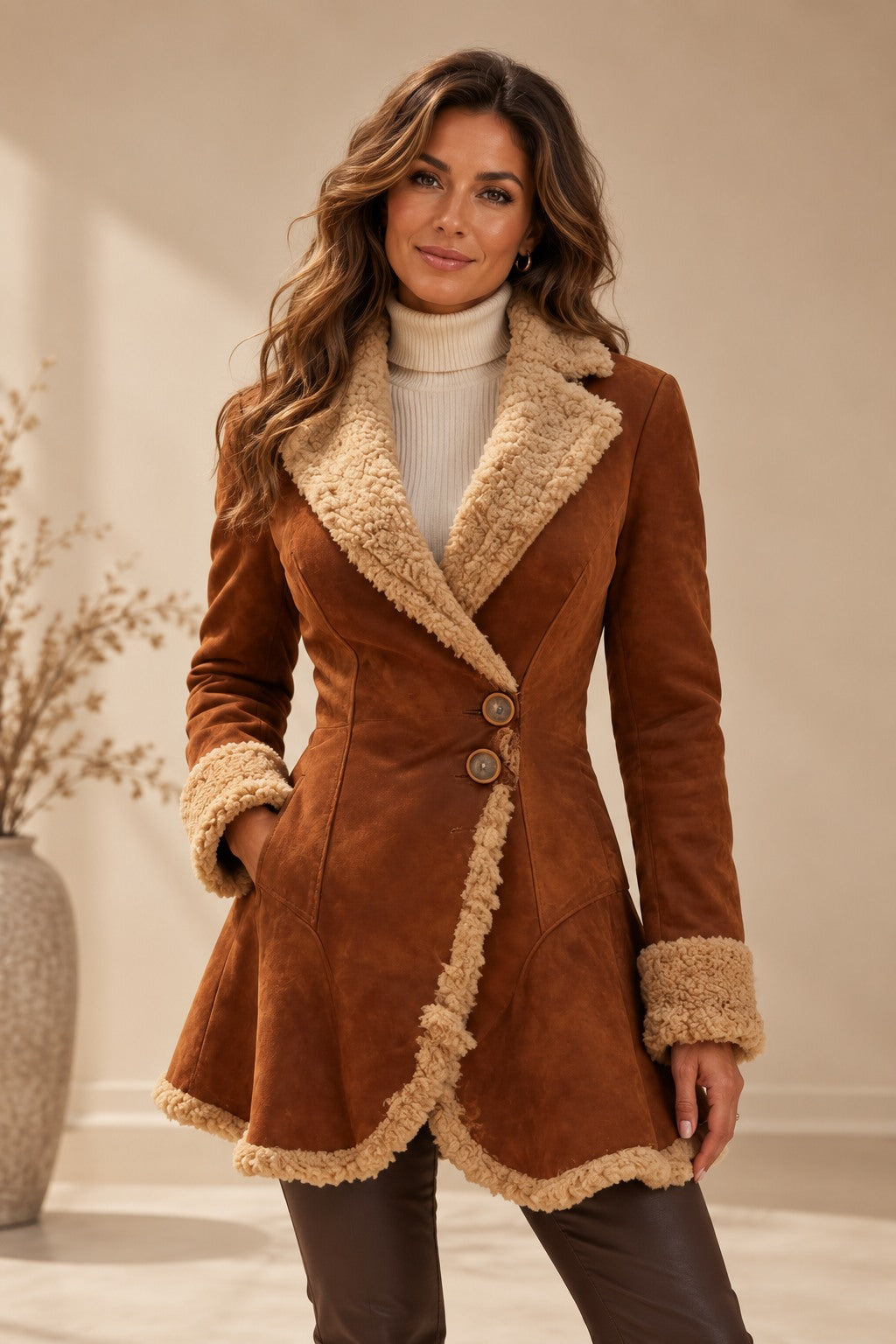 Women's Fur-Trim Winter Coat with Asymmetrical Hem