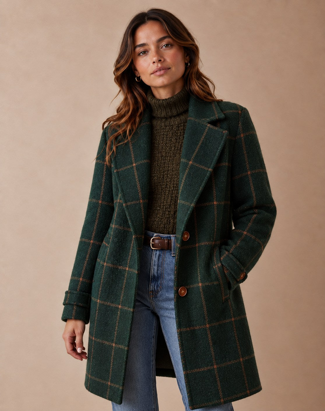 Women's Tweed Plaid Coat with Lapel Collar — Retro Wool Blend