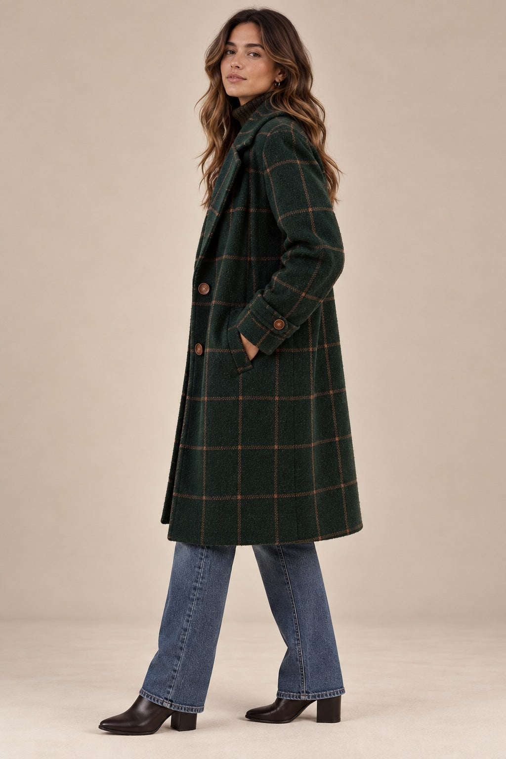 Women's Tweed Plaid Coat with Lapel Collar — Retro Wool Blend