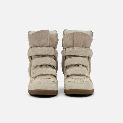 Beige hidden wedge high-top sneakers — front view