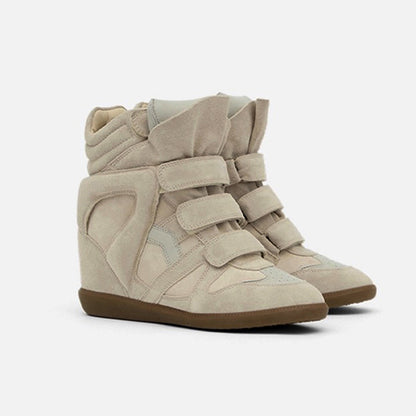 Beige hidden wedge high-top sneakers with three velcro straps — pair