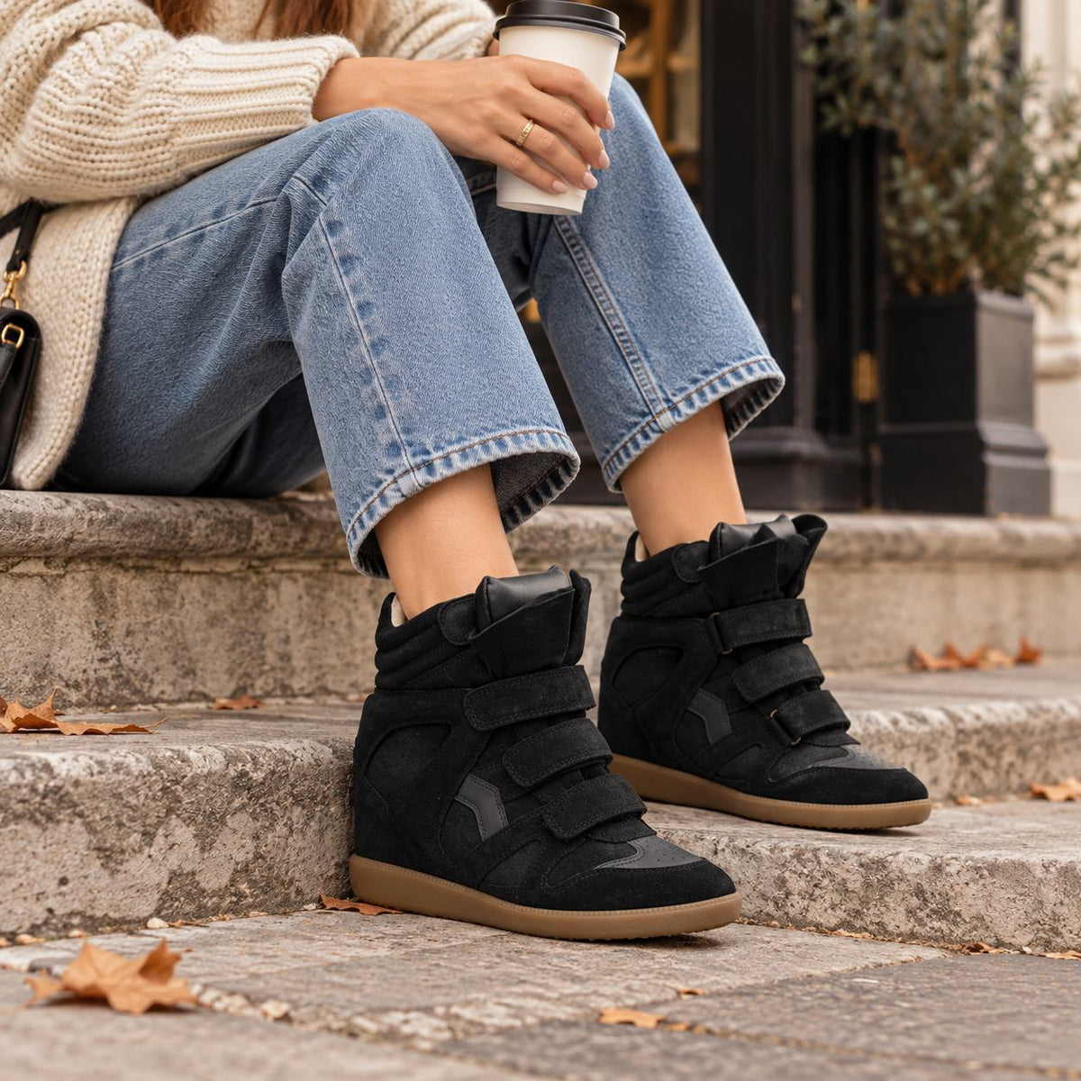 Women's Hidden Wedge High-Top Sneakers in Black