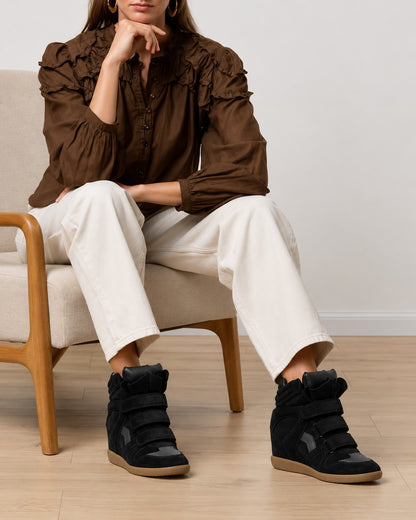 Women's Hidden Wedge High-Top Sneakers — Suede Look with Velcro Straps — view 3