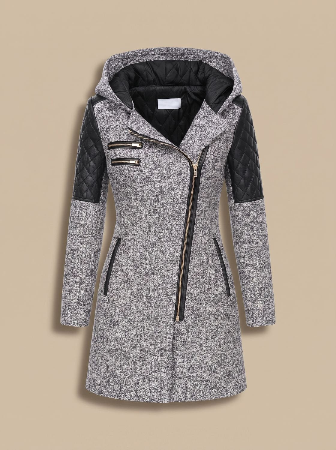 Women's Hooded Asymmetric-Zip Quilted Wool-Blend Coat 1