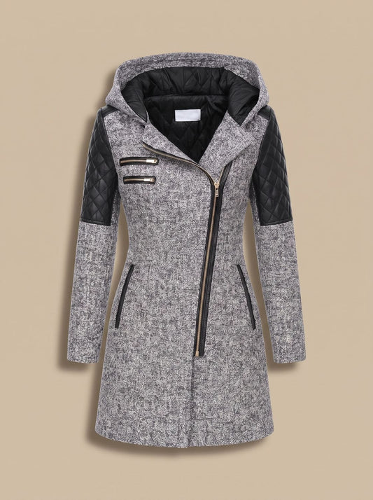 Women's Hooded Asymmetric-Zip Quilted Wool-Blend Coat 1