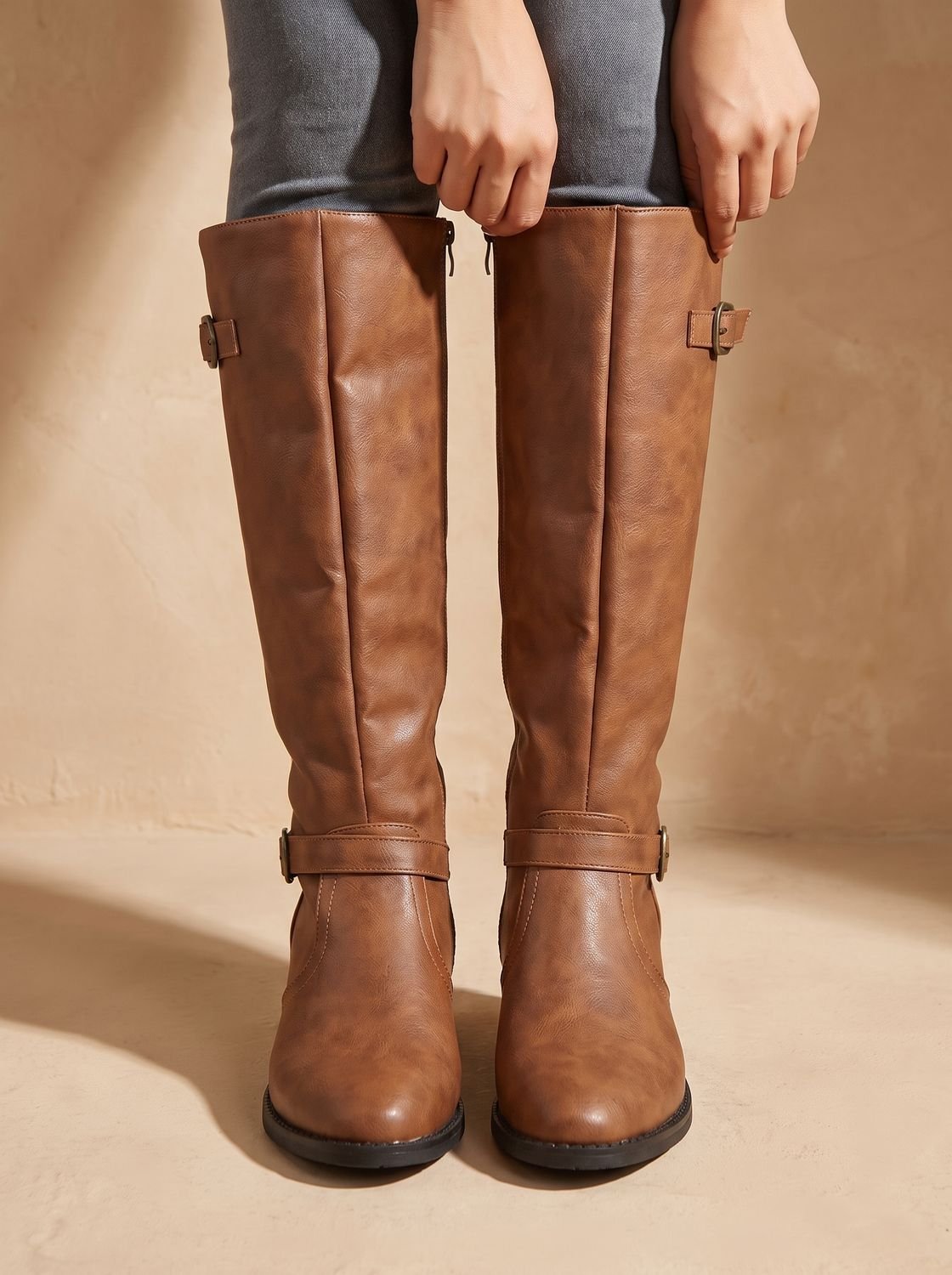 Women's Knee-High Riding Boots — Low Block Heel Buckle Zip 1