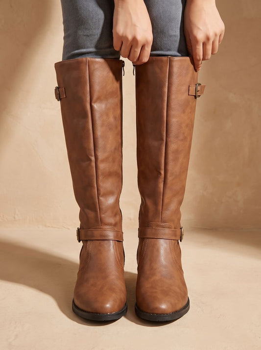 Women's Knee-High Riding Boots — Low Block Heel Buckle Zip 1