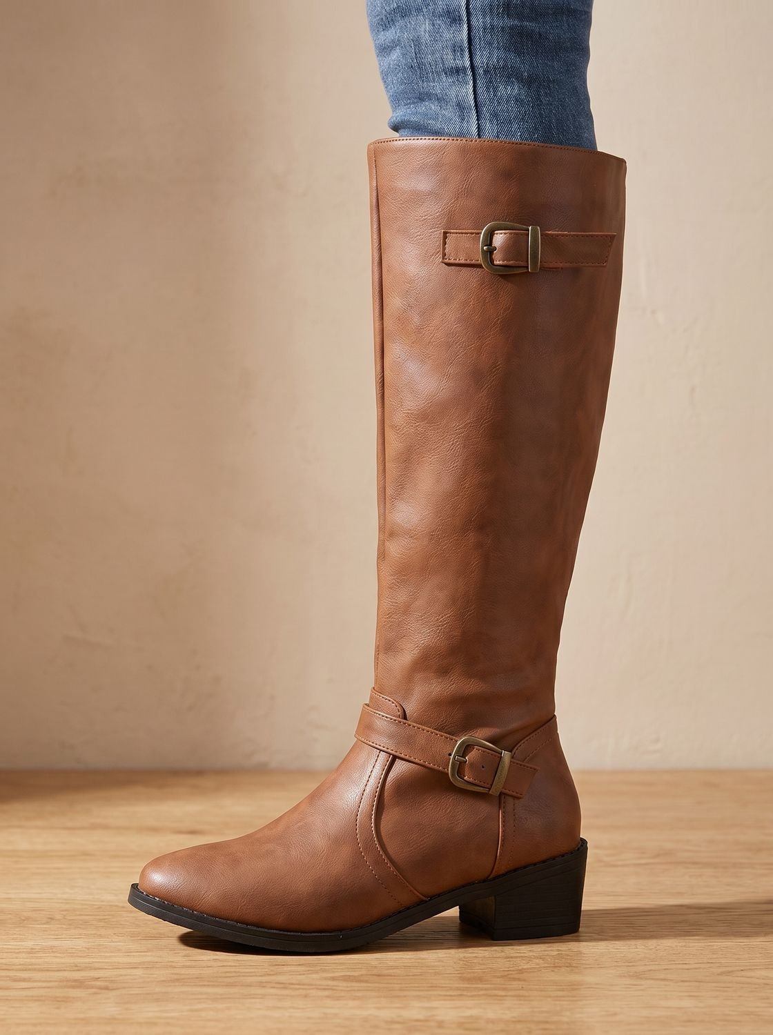 Women's Knee-High Riding Boots — Low Block Heel Buckle Zip 5