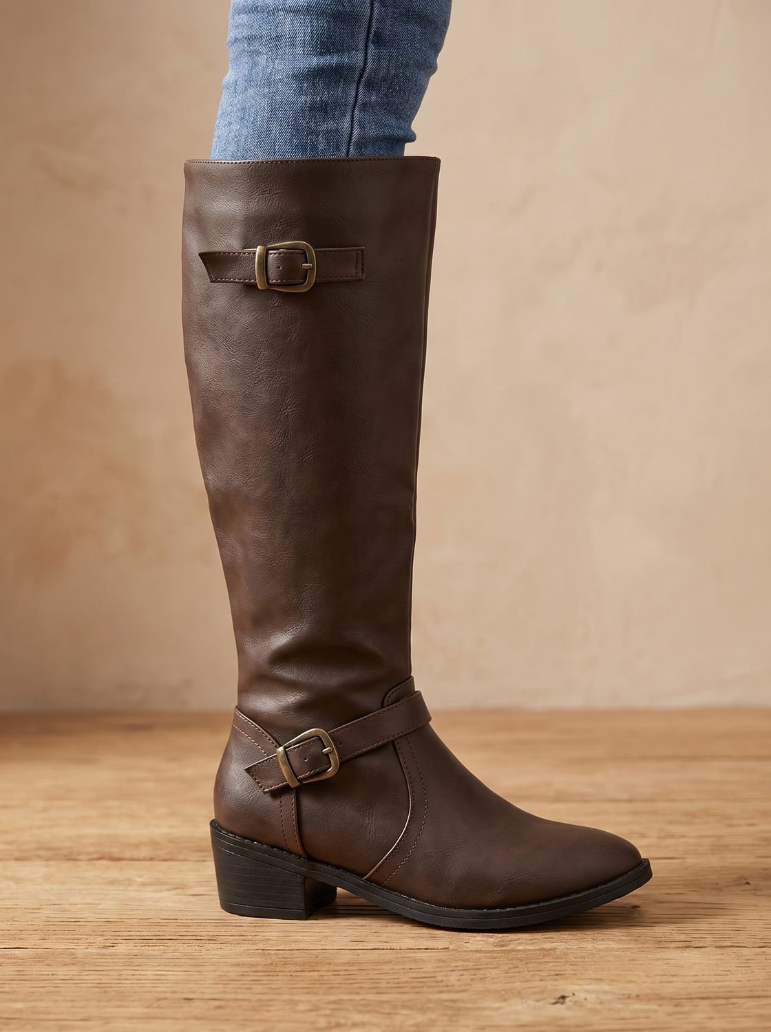Women's Knee-High Riding Boots — Low Block Heel Buckle Zip 6