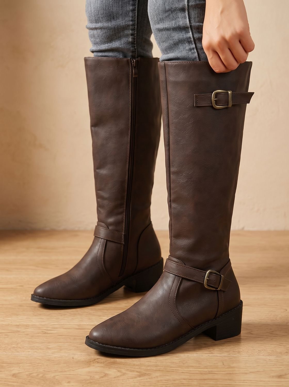 Women's Knee-High Riding Boots — Low Block Heel Buckle Zip 7