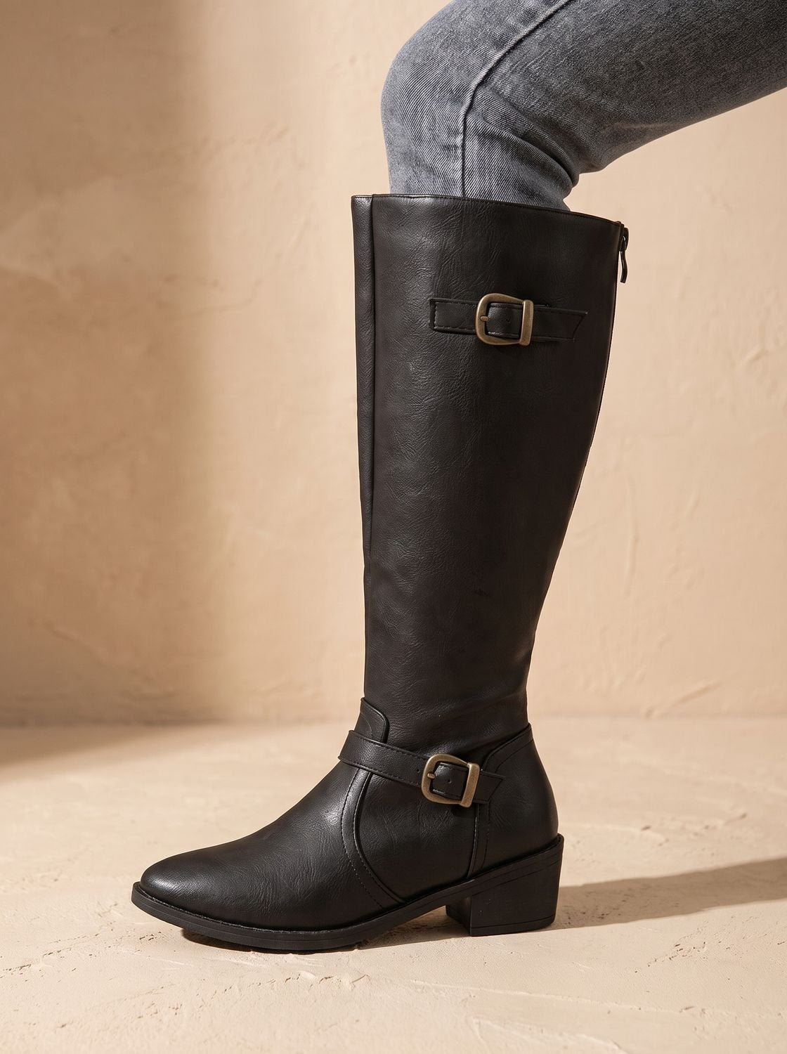 Women's Knee-High Riding Boots — Low Block Heel Buckle Zip 8