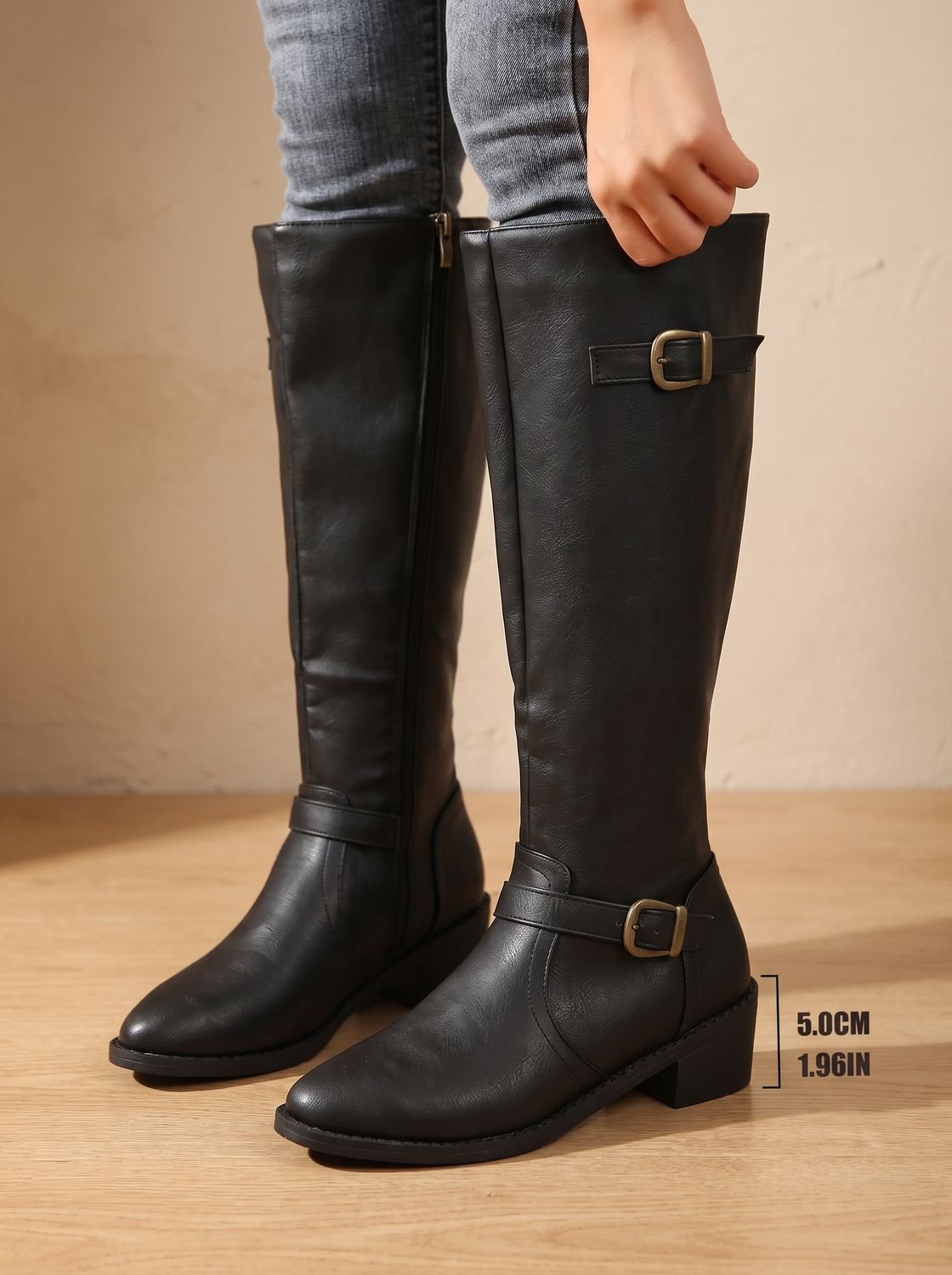 Women's Knee-High Riding Boots — Low Block Heel Buckle Zip 9