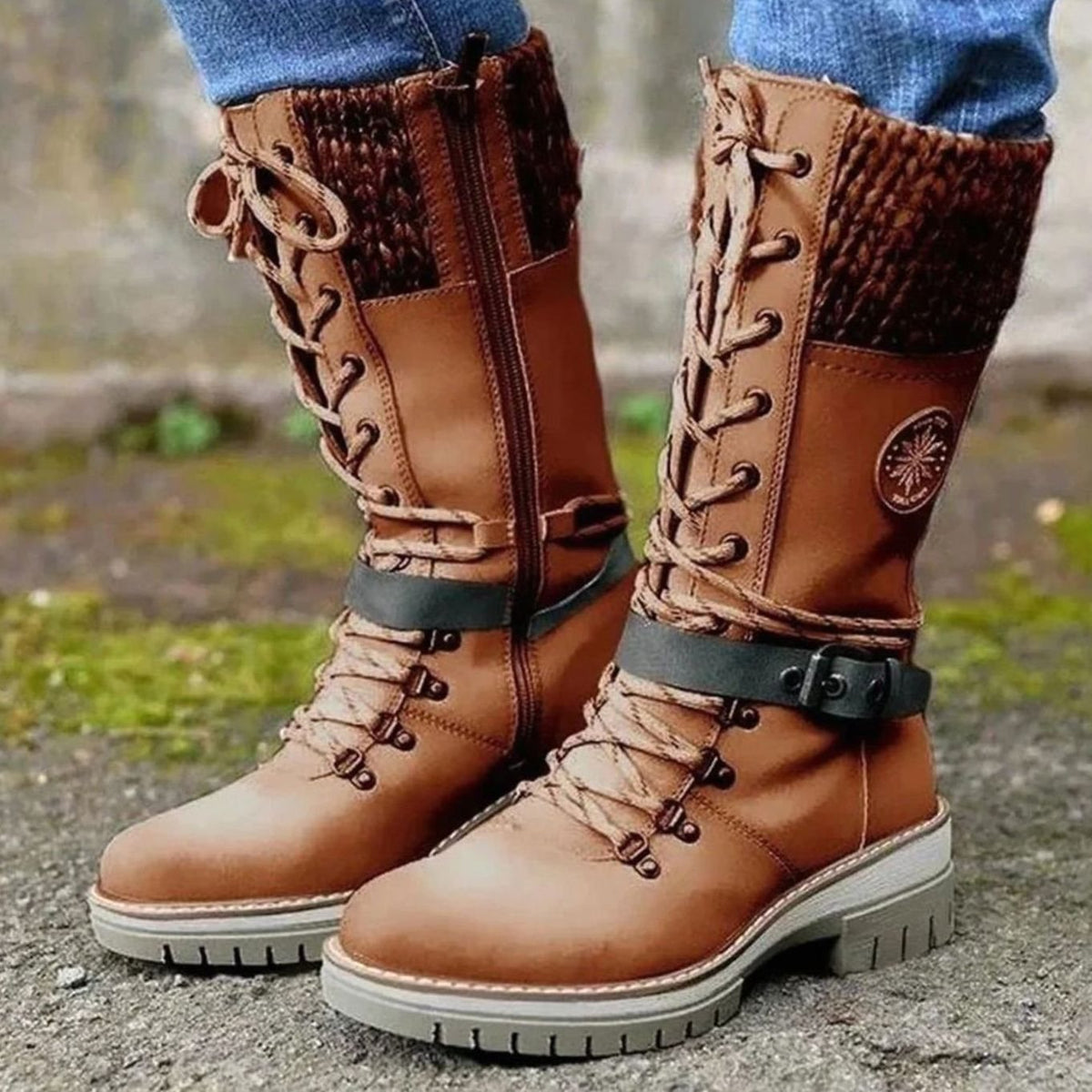 Women's Knit-Cuff Lace-Up Mid-Calf Winter Boots 10