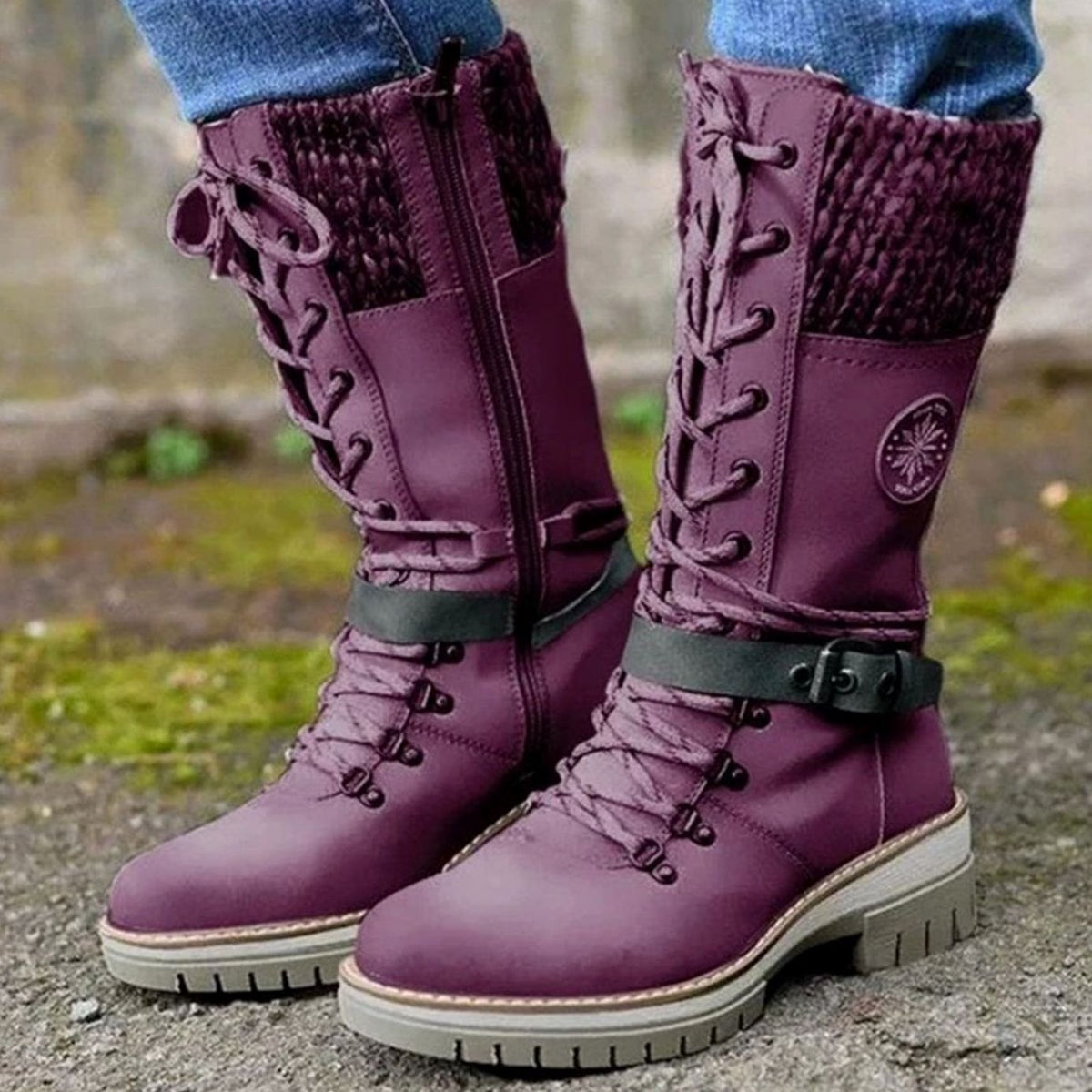Women's Knit-Cuff Lace-Up Mid-Calf Winter Boots 7