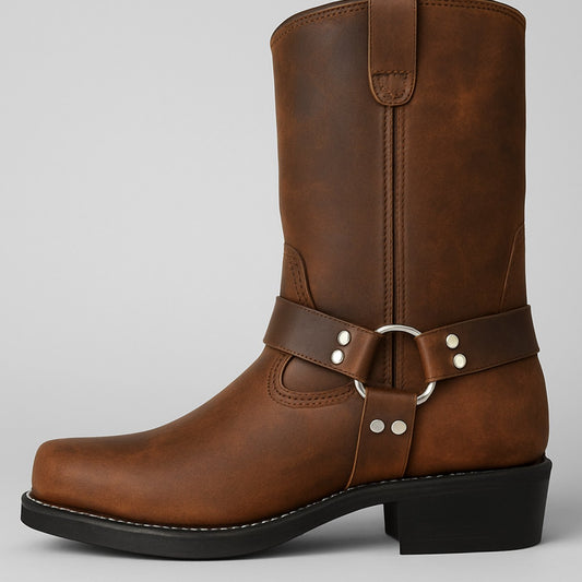 Women's Leather Harness Buckle Mid-Calf Cowboy Boots 1