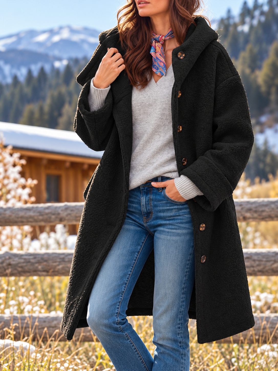 Women's Long Hooded Fleece Coat — Button-Front with Pockets