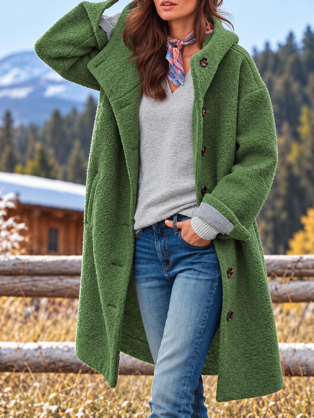 Women's Long Hooded Fleece Coat — Button-Front with Pockets
