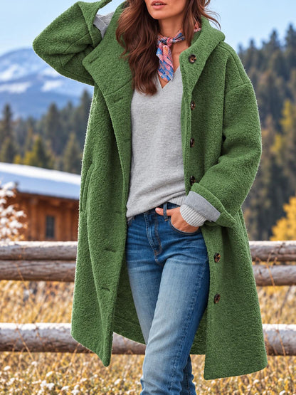 Women's Long Hooded Fleece Coat — Button-Front with Pockets