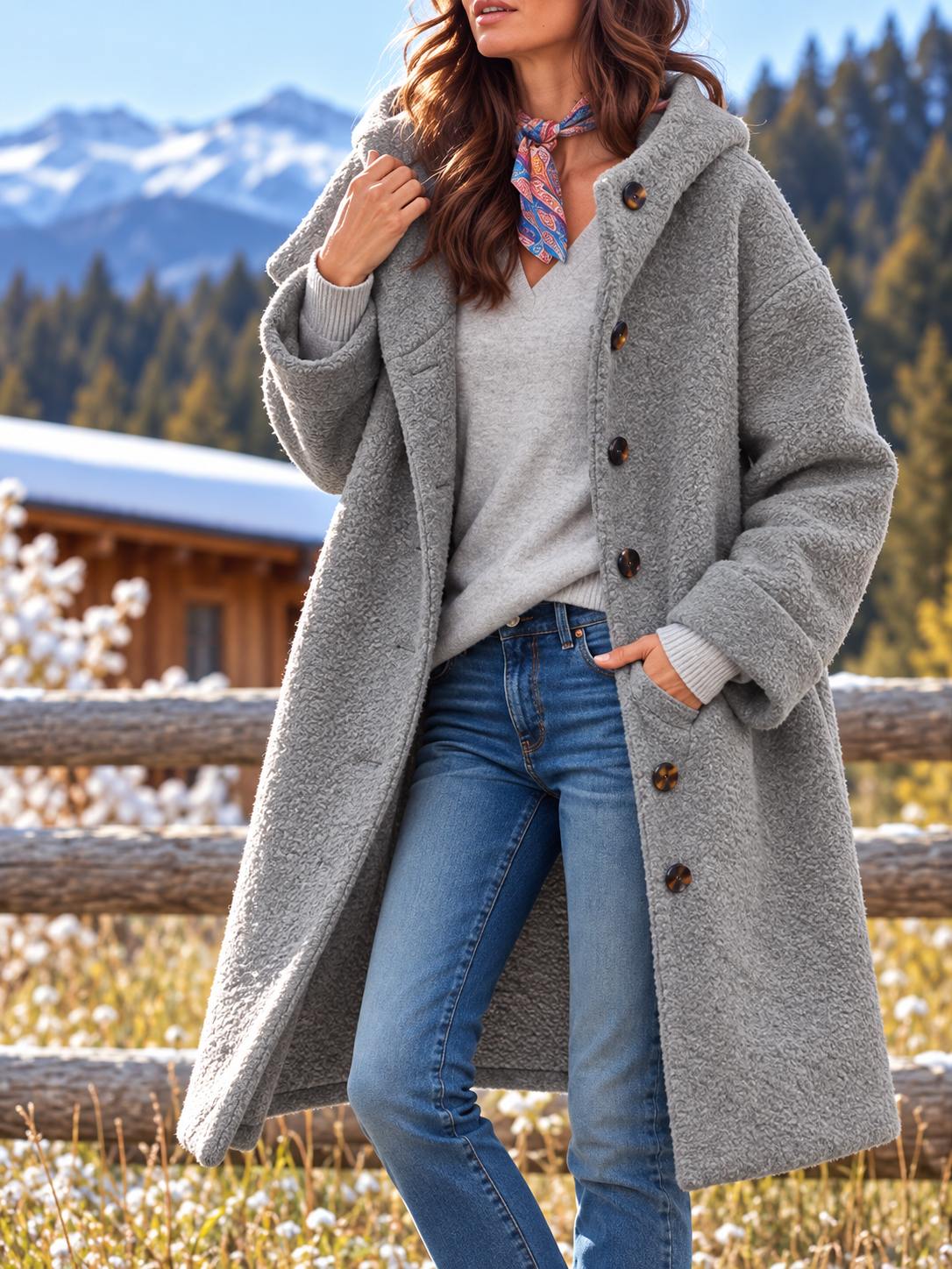 Women's Long Hooded Fleece Coat — Button-Front with Pockets