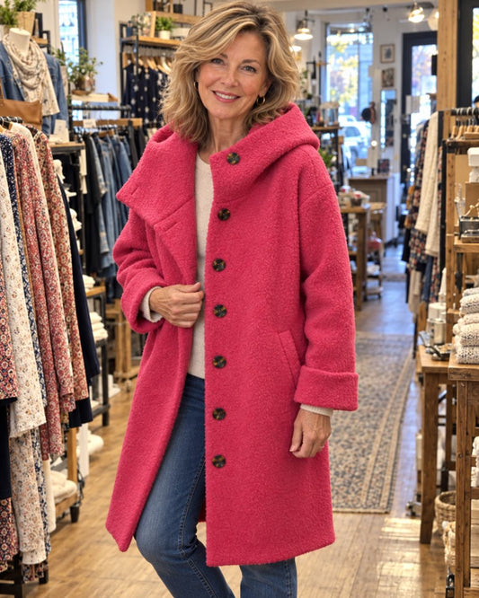 Women's Long Hooded Fleece Coat — Button-Front with Pockets