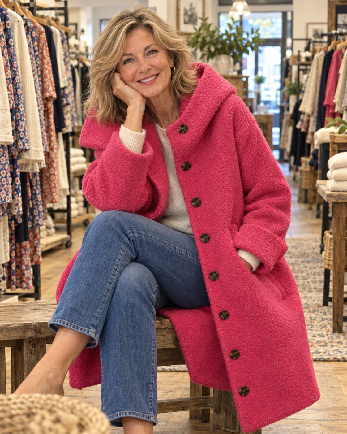 Women's Long Hooded Fleece Coat — Button-Front with Pockets