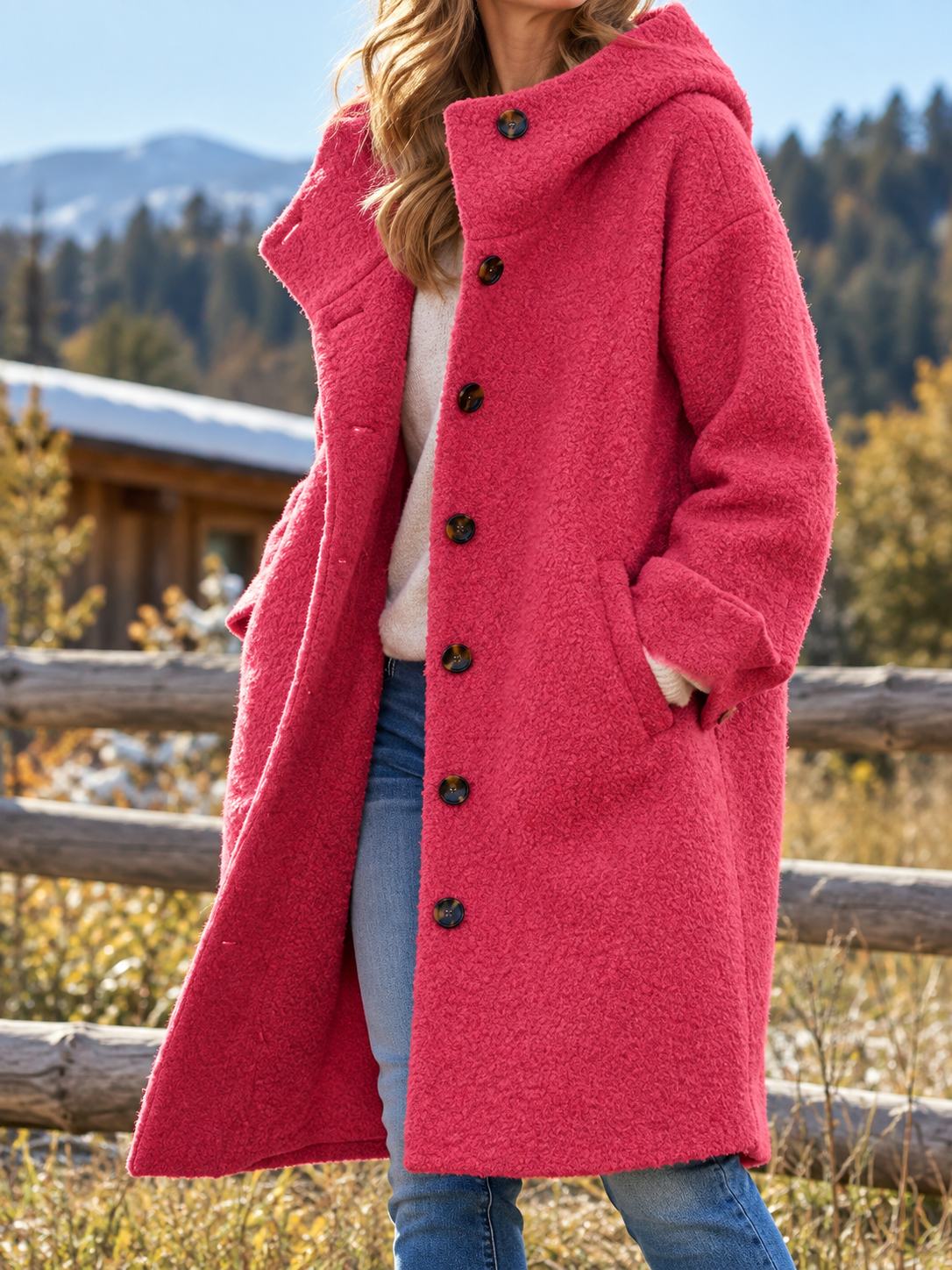 Women's Long Hooded Fleece Coat — Button-Front with Pockets