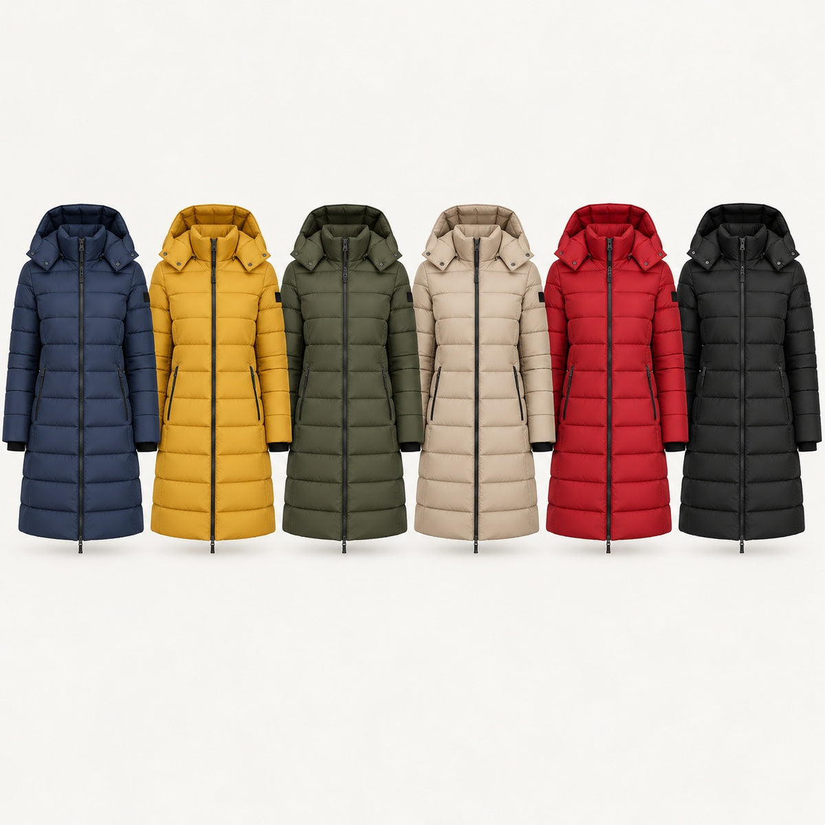 Women's Long Hooded Puffer Coat — all six colours: navy, yellow, green, beige, red and black
